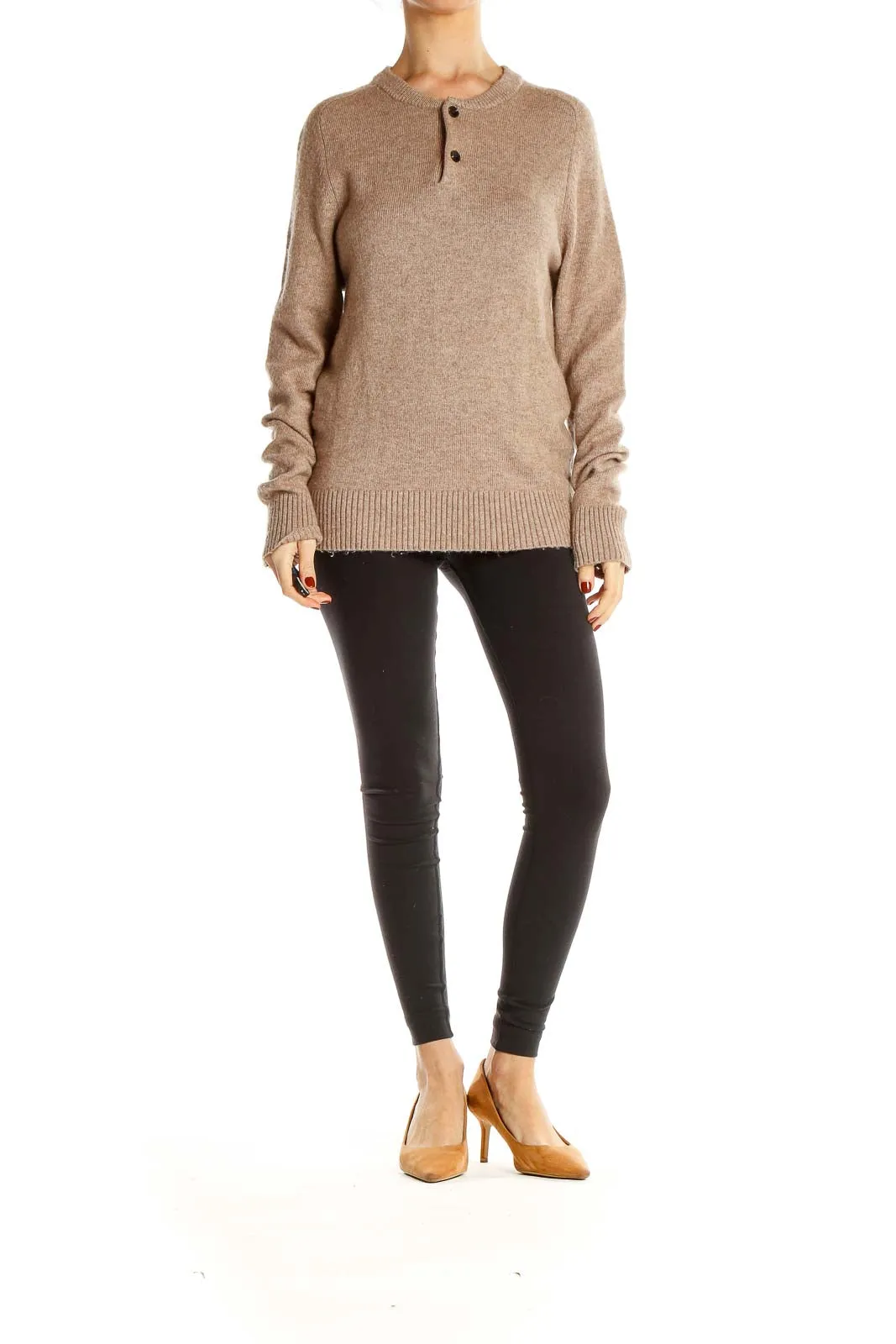 Beige Ribbed Henley Sweater