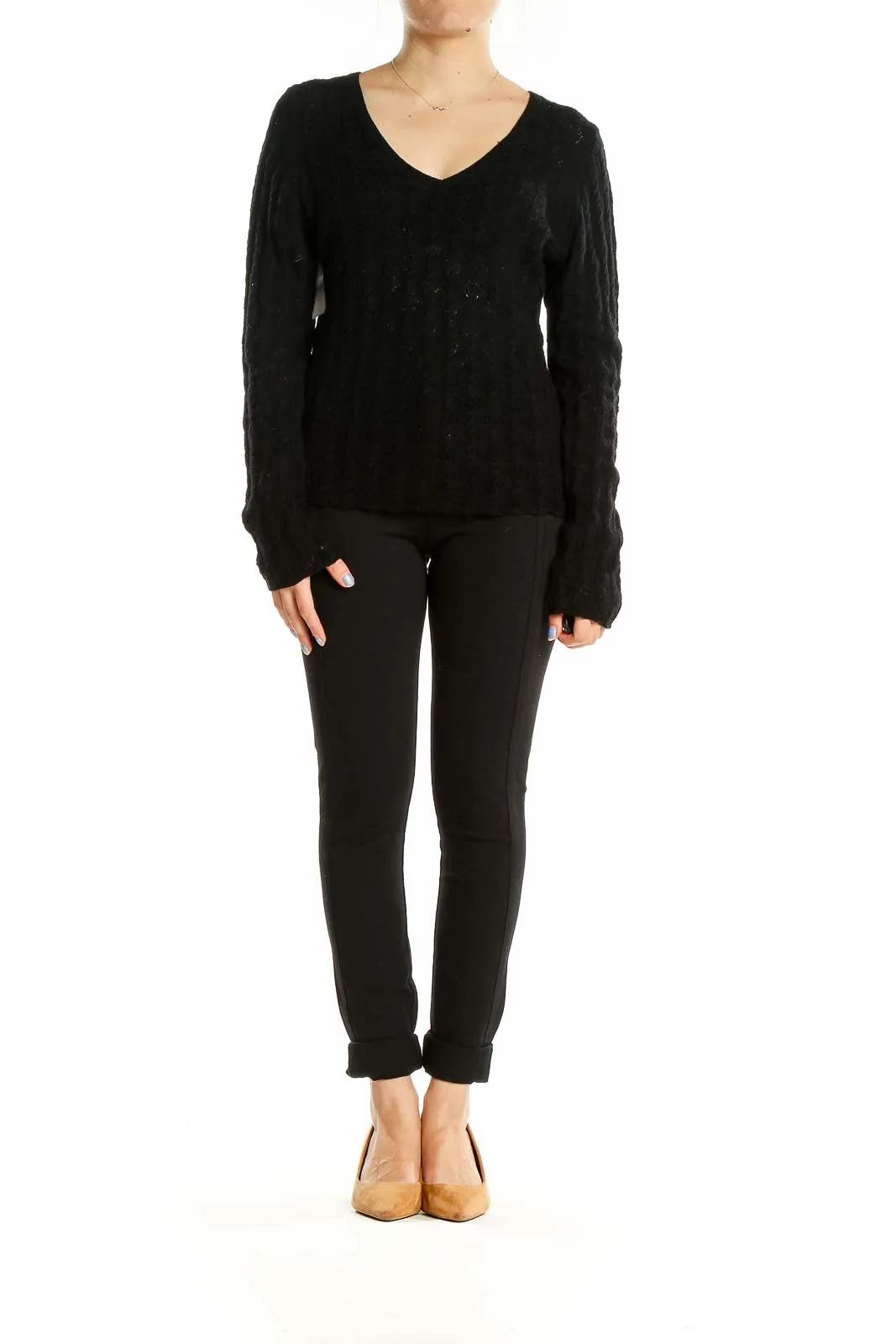 Black Merino Wool V-Neck Sweater