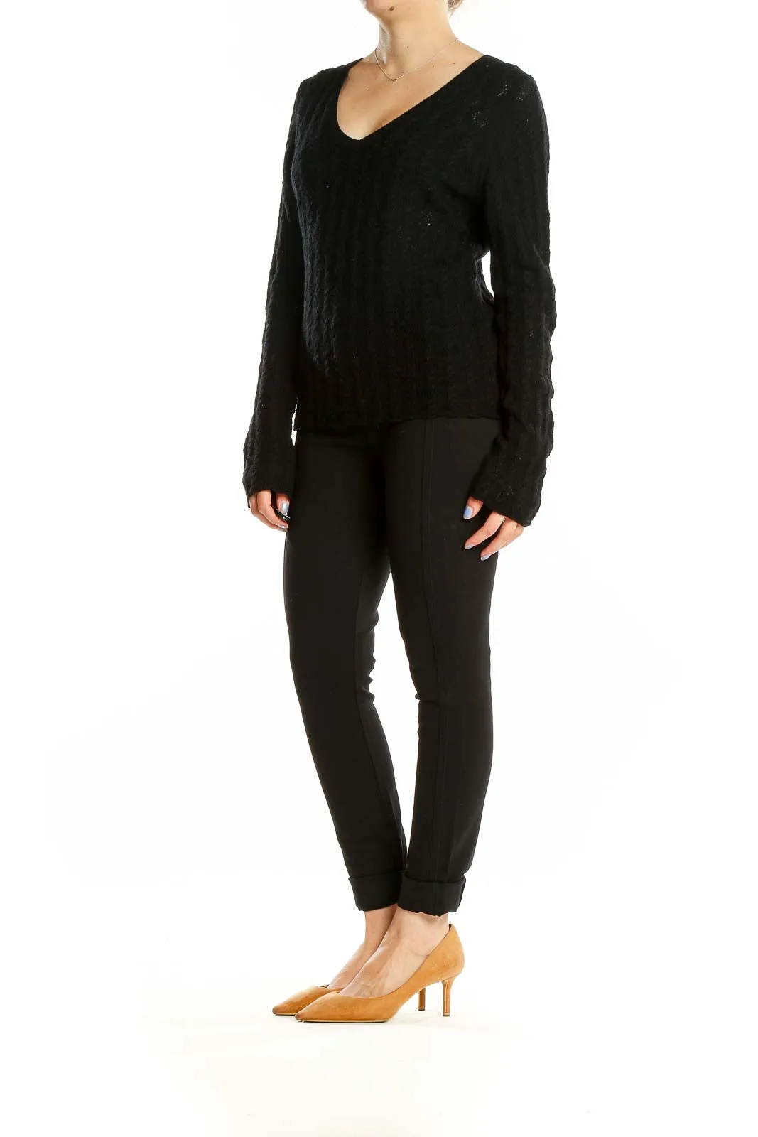 Black Merino Wool V-Neck Sweater