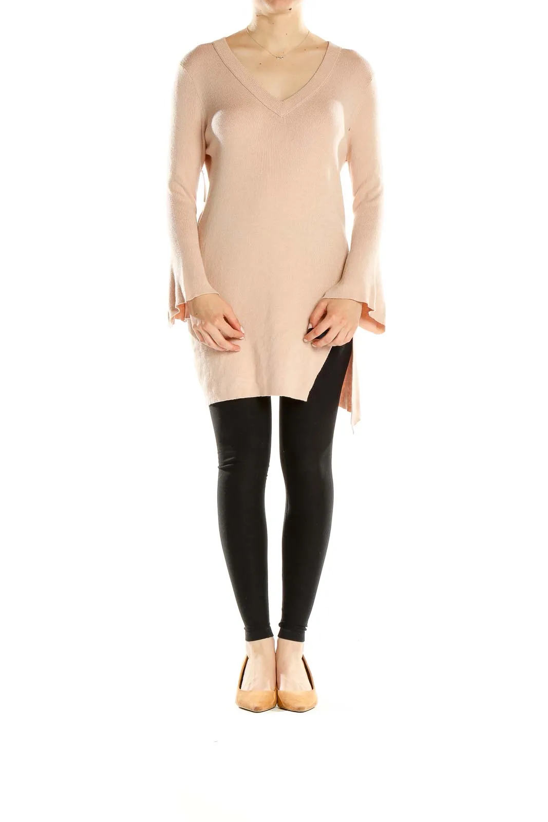 Blush V-Neck Knit Tunic with Bell Sleeves