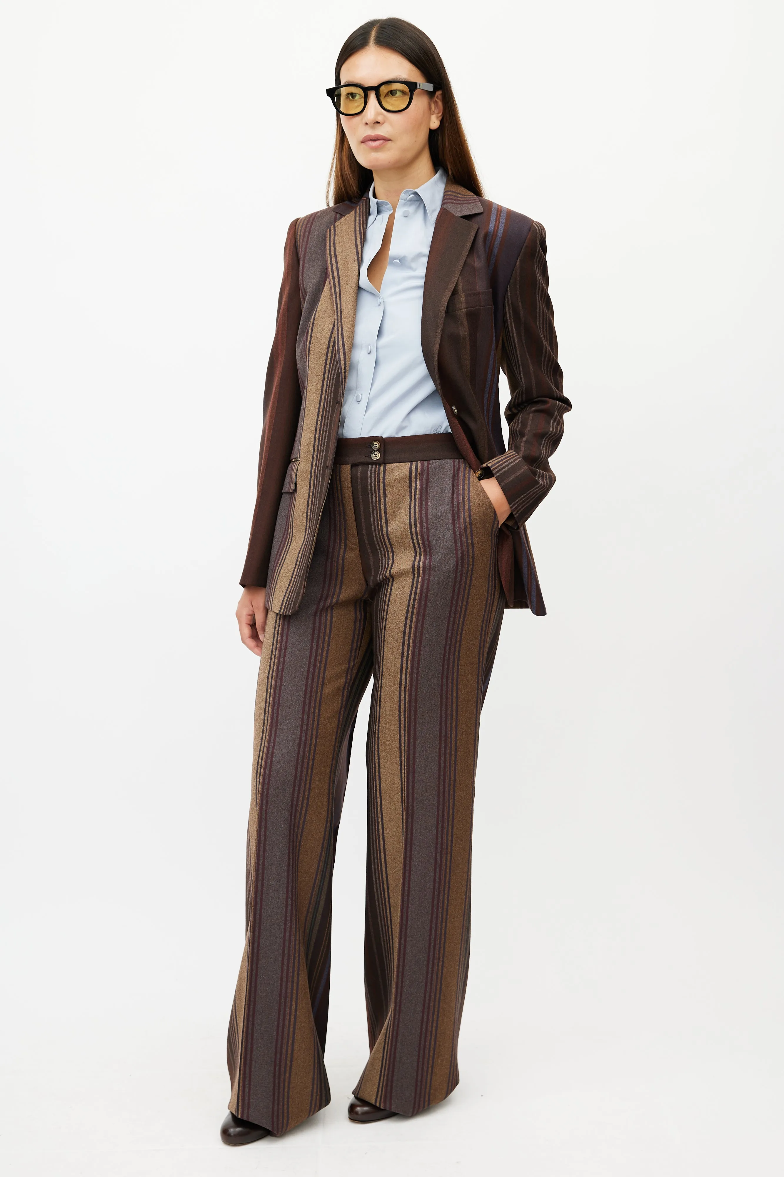 Brown & Multicolour Striped Two Piece Suit