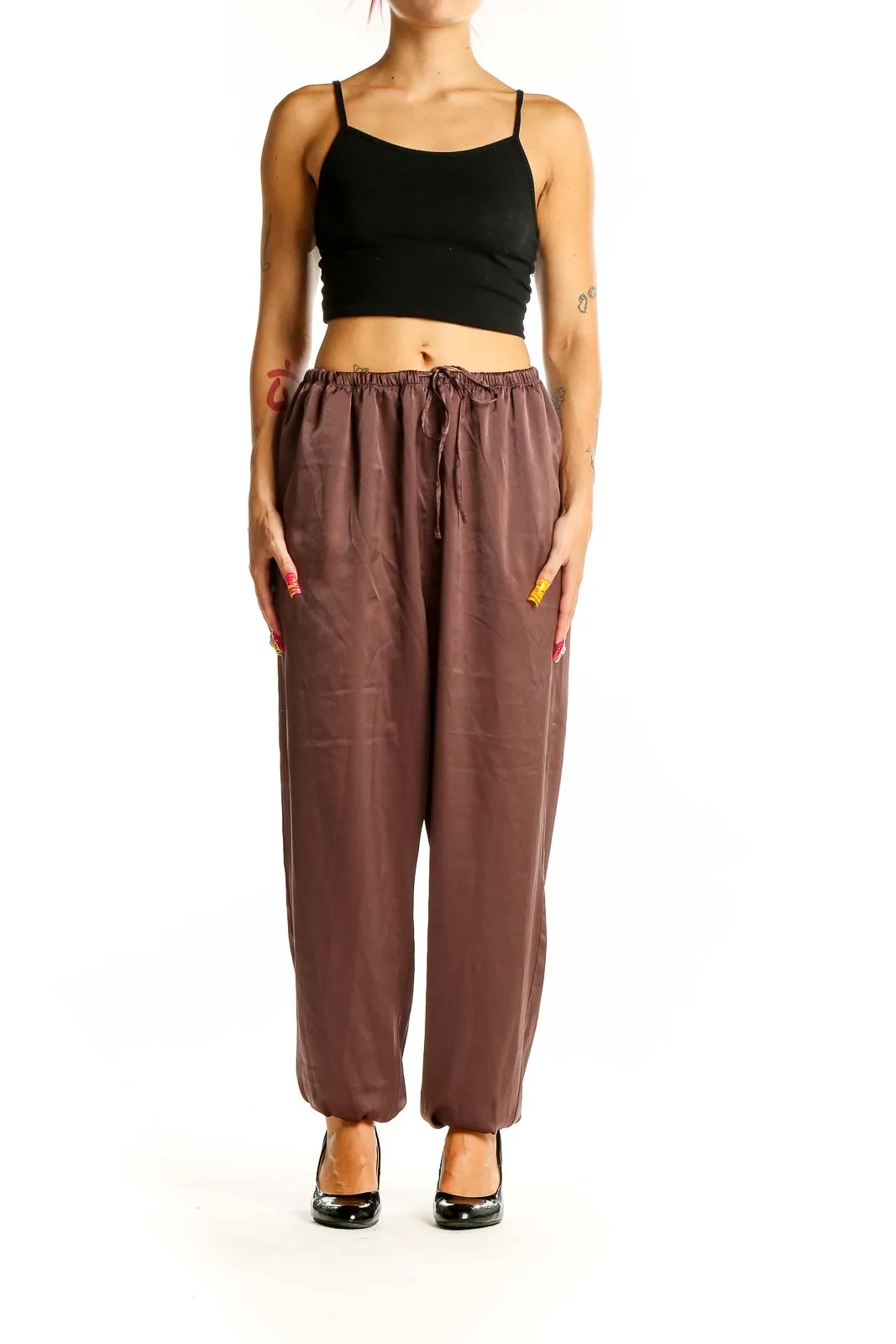 Brown Relaxed Fit Drawstring Pants