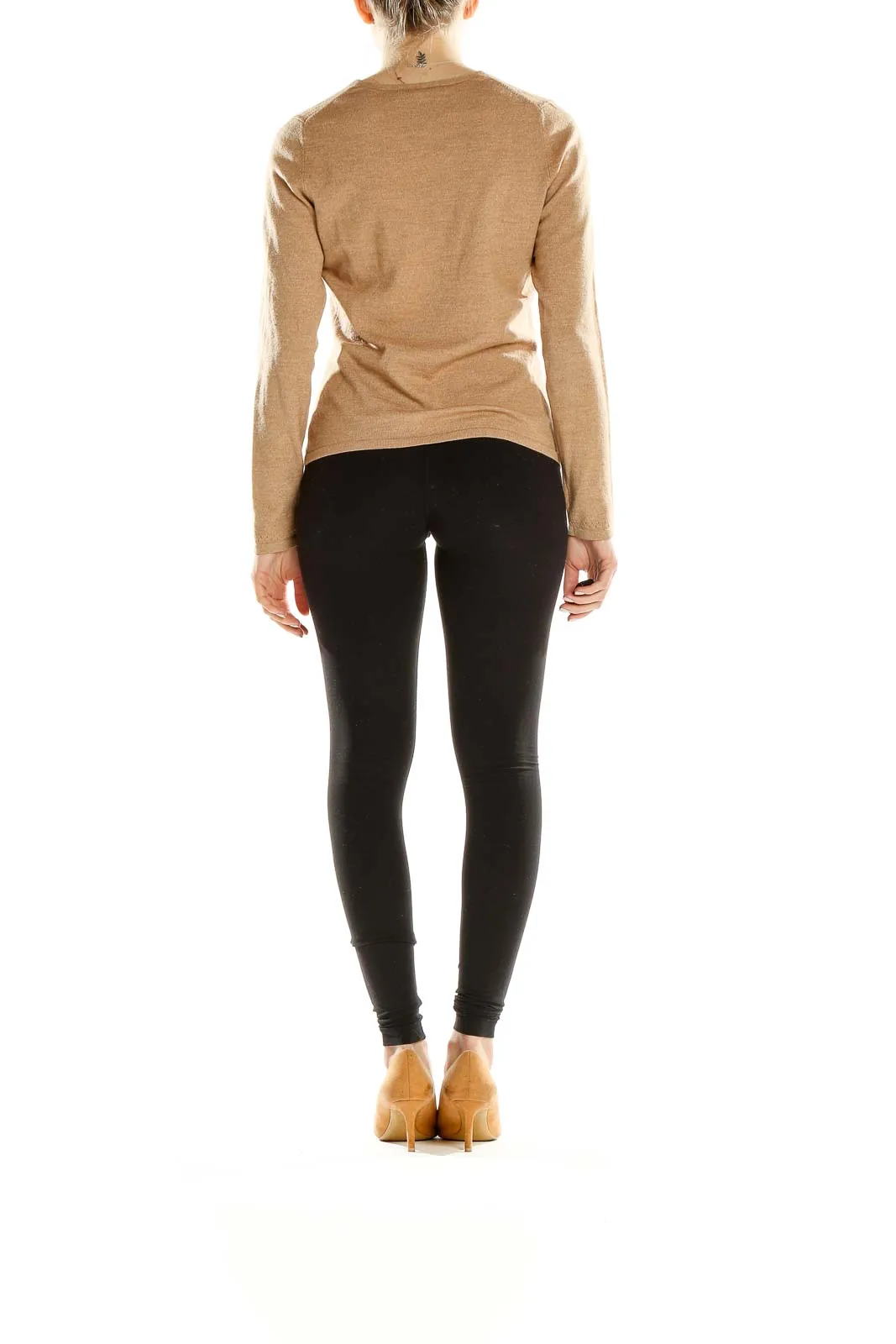 Camel V-Neck Long Sleeve Knit Sweater