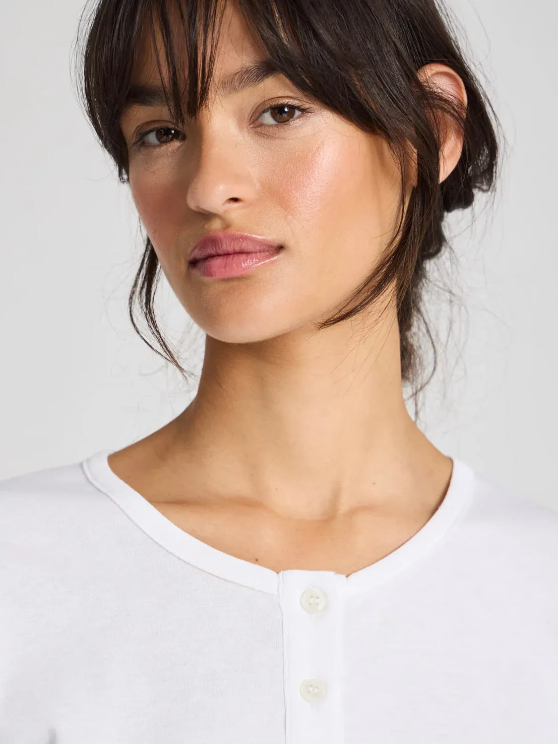Ida Cotton 1x1 RIB Henley Tee - White