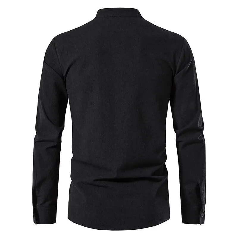 Men's V-Neck Drawstring Cotton Linen Henley Shirt Long Sleeve Hippie Casual Beach T Shirts | A275