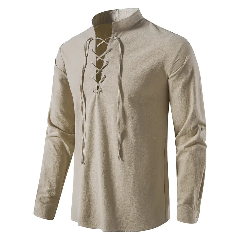 Men's V-Neck Drawstring Cotton Linen Henley Shirt Long Sleeve Hippie Casual Beach T Shirts | A275
