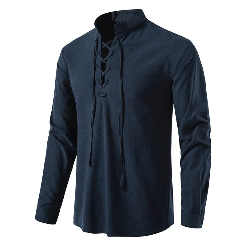 Men's V-Neck Drawstring Cotton Linen Henley Shirt Long Sleeve Hippie Casual Beach T Shirts | A275