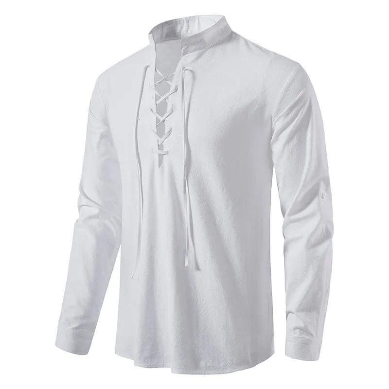 Men's V-Neck Drawstring Cotton Linen Henley Shirt Long Sleeve Hippie Casual Beach T Shirts | A275