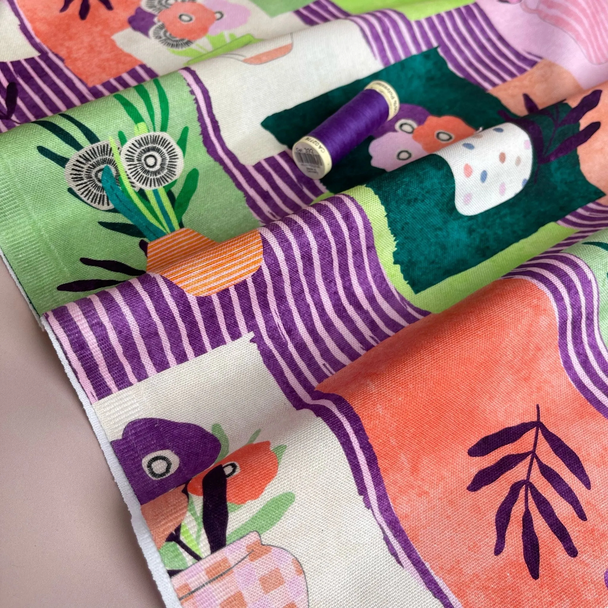 Nerida Hansen - Tossed Vases in Purple and Green Cotton Canvas Fabric