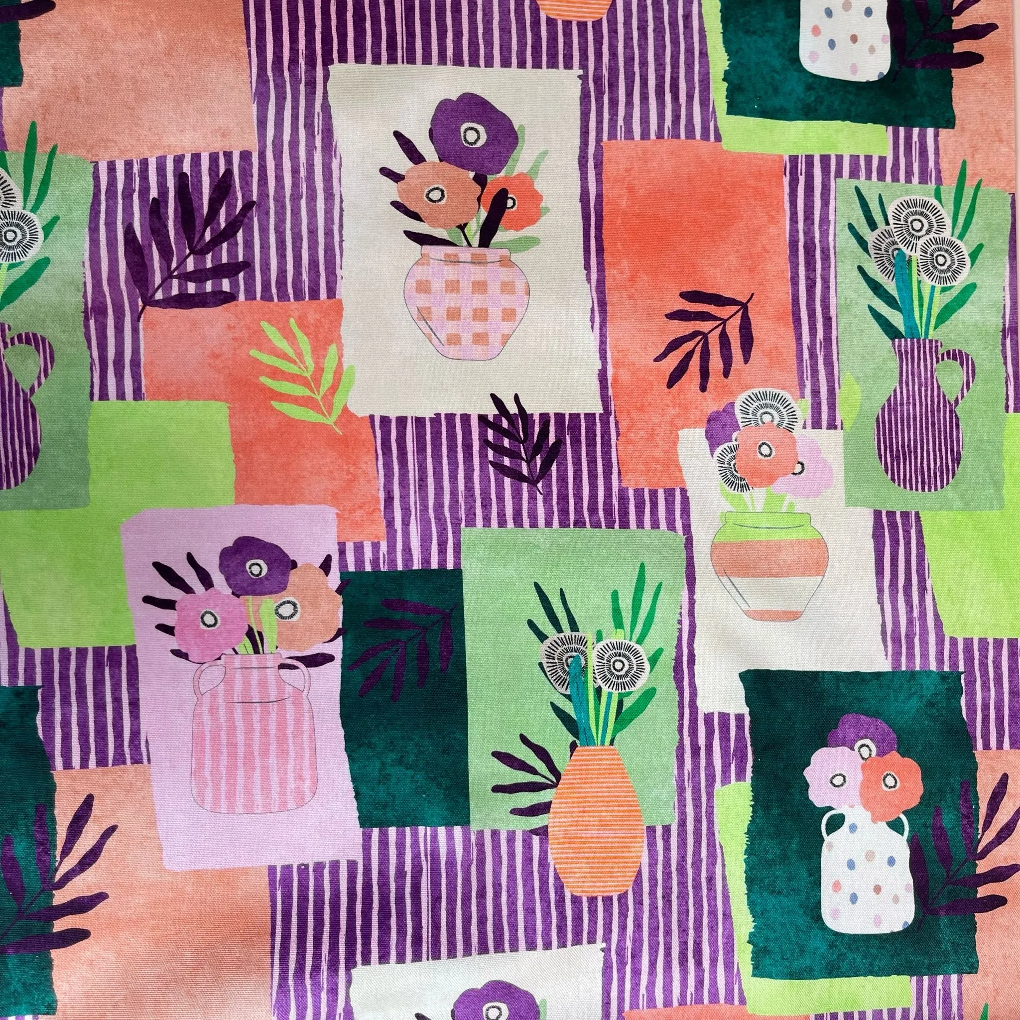 Nerida Hansen - Tossed Vases in Purple and Green Cotton Canvas Fabric
