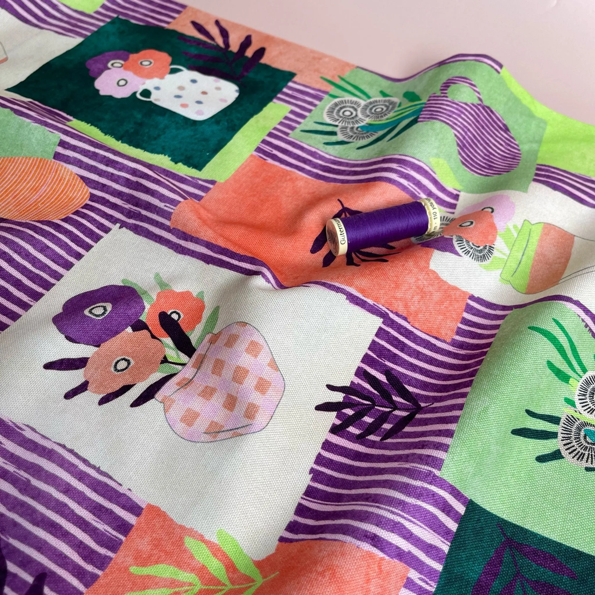 Nerida Hansen - Tossed Vases in Purple and Green Cotton Canvas Fabric