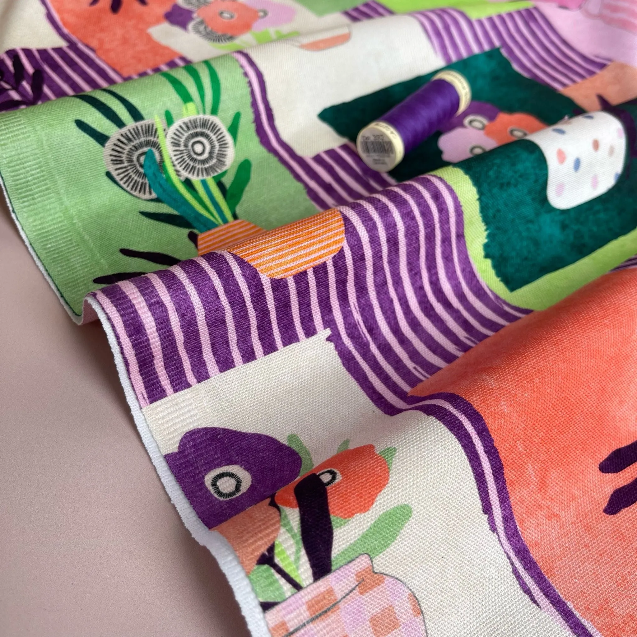 Nerida Hansen - Tossed Vases in Purple and Green Cotton Canvas Fabric