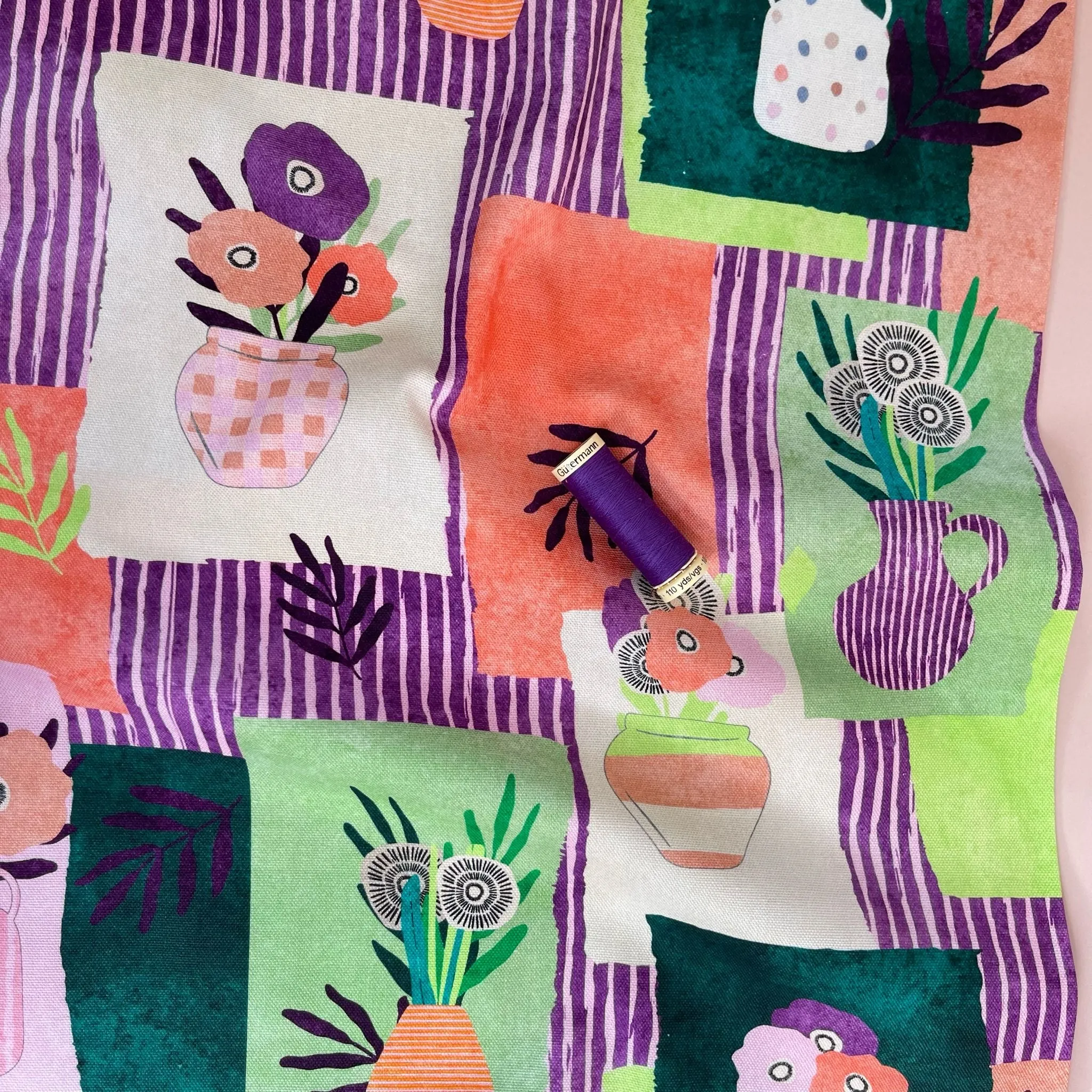 Nerida Hansen - Tossed Vases in Purple and Green Cotton Canvas Fabric