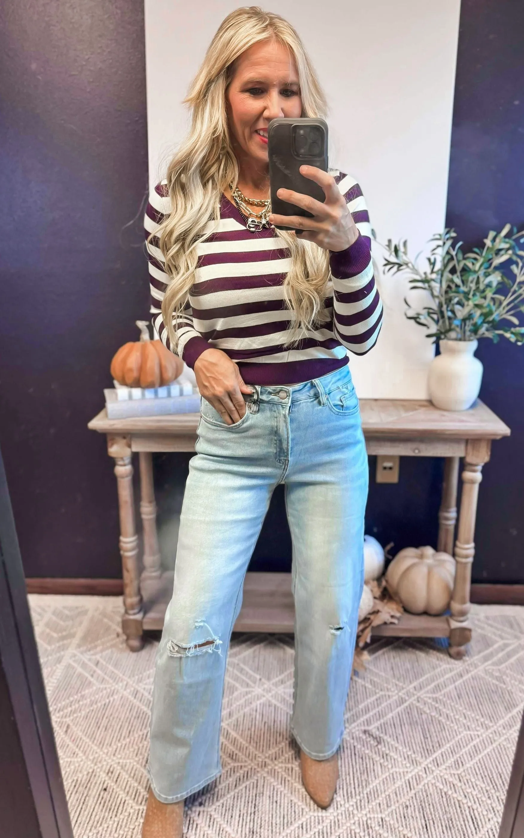 Purple Striped V-Neck Sweater - DEAL