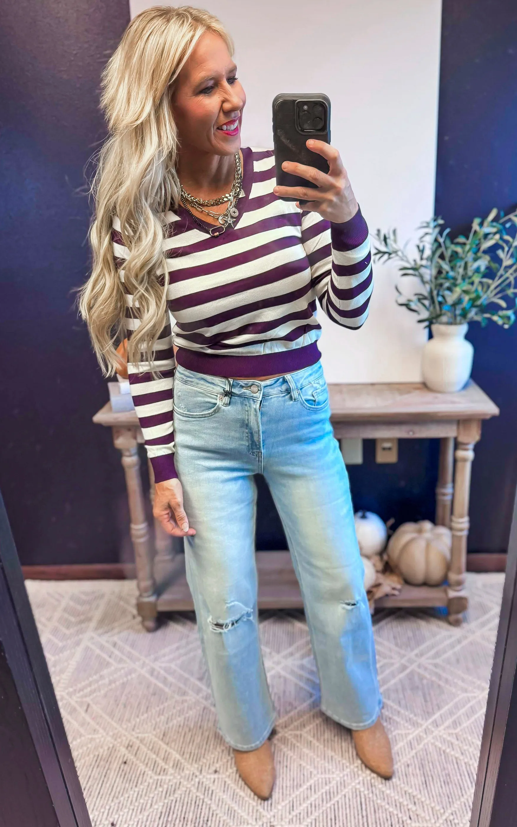Purple Striped V-Neck Sweater - DEAL