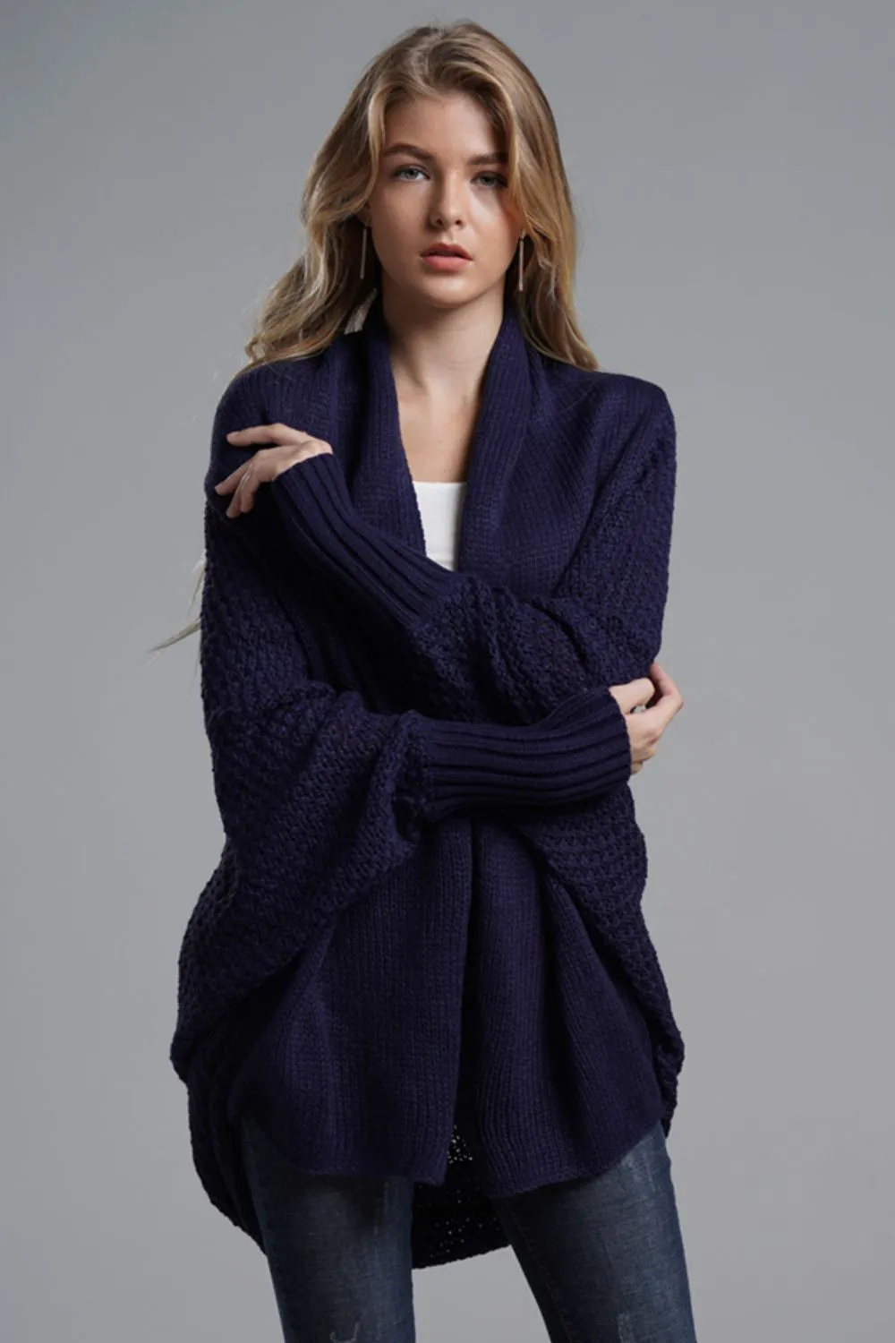 TastyHottie - Double Take Dolman Sleeve Open Front Ribbed Trim Longline Cardigan