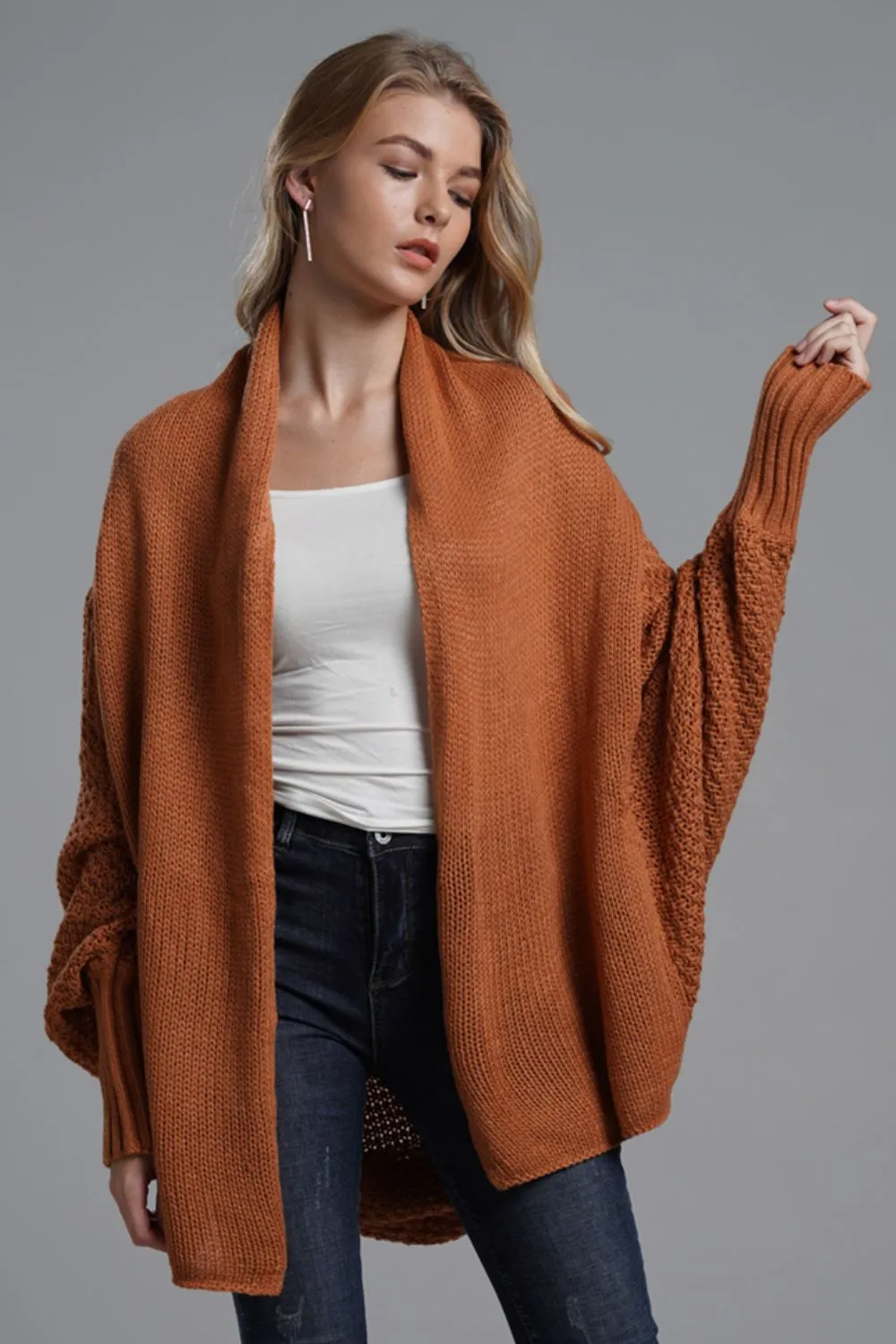 TastyHottie - Double Take Dolman Sleeve Open Front Ribbed Trim Longline Cardigan