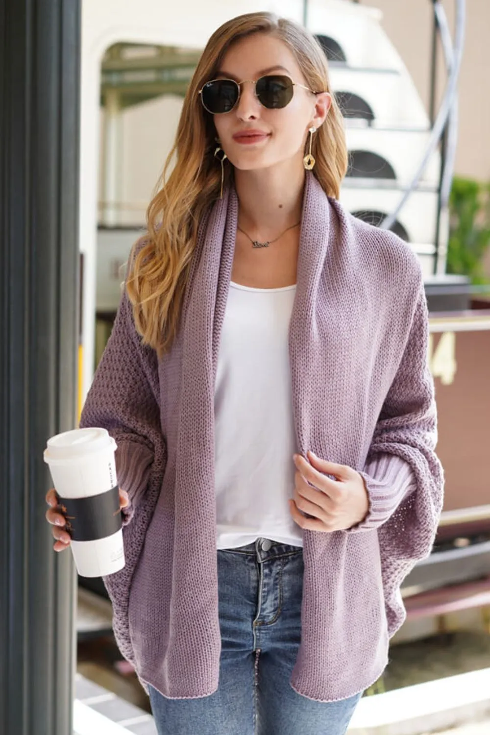 TastyHottie - Double Take Dolman Sleeve Open Front Ribbed Trim Longline Cardigan