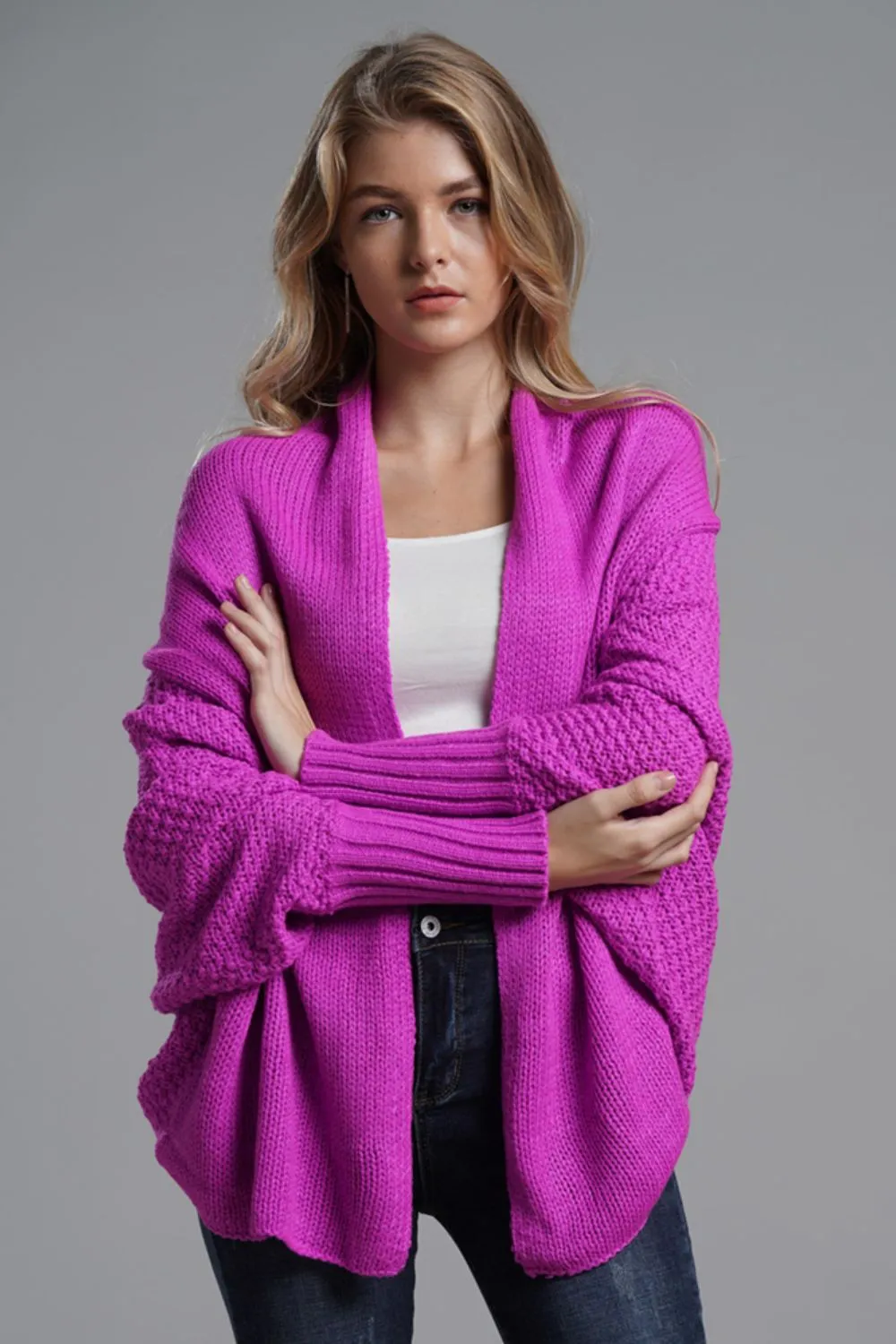 TastyHottie - Double Take Dolman Sleeve Open Front Ribbed Trim Longline Cardigan