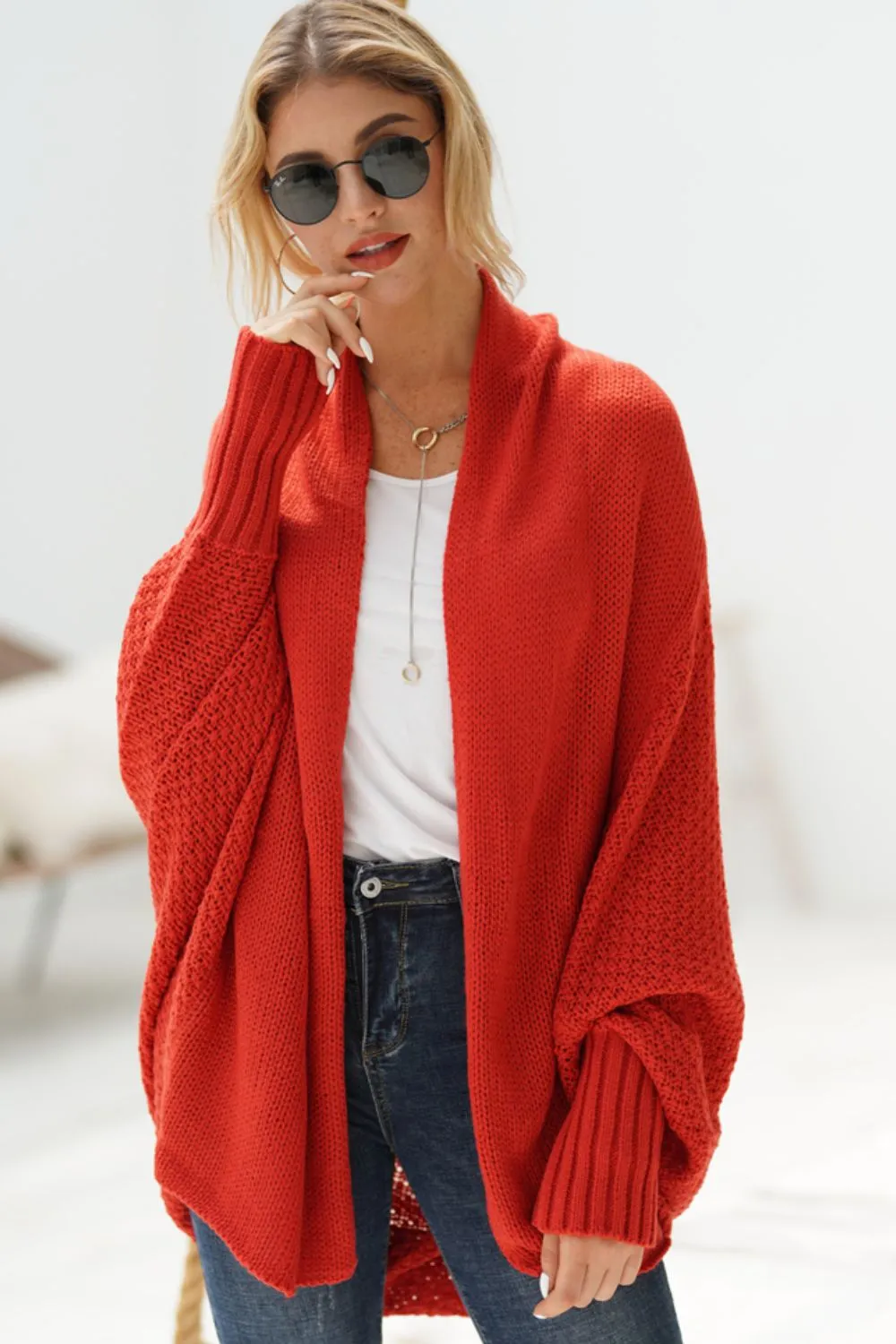 TastyHottie - Double Take Dolman Sleeve Open Front Ribbed Trim Longline Cardigan