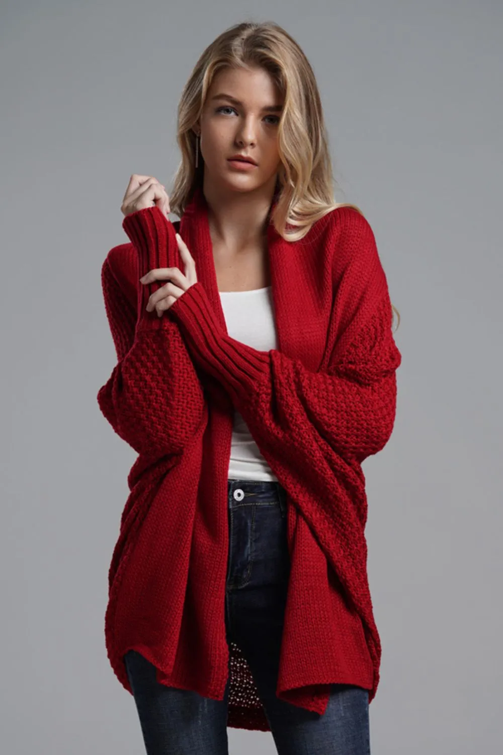 TastyHottie - Double Take Dolman Sleeve Open Front Ribbed Trim Longline Cardigan