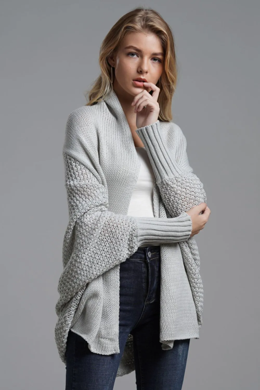 TastyHottie - Double Take Dolman Sleeve Open Front Ribbed Trim Longline Cardigan