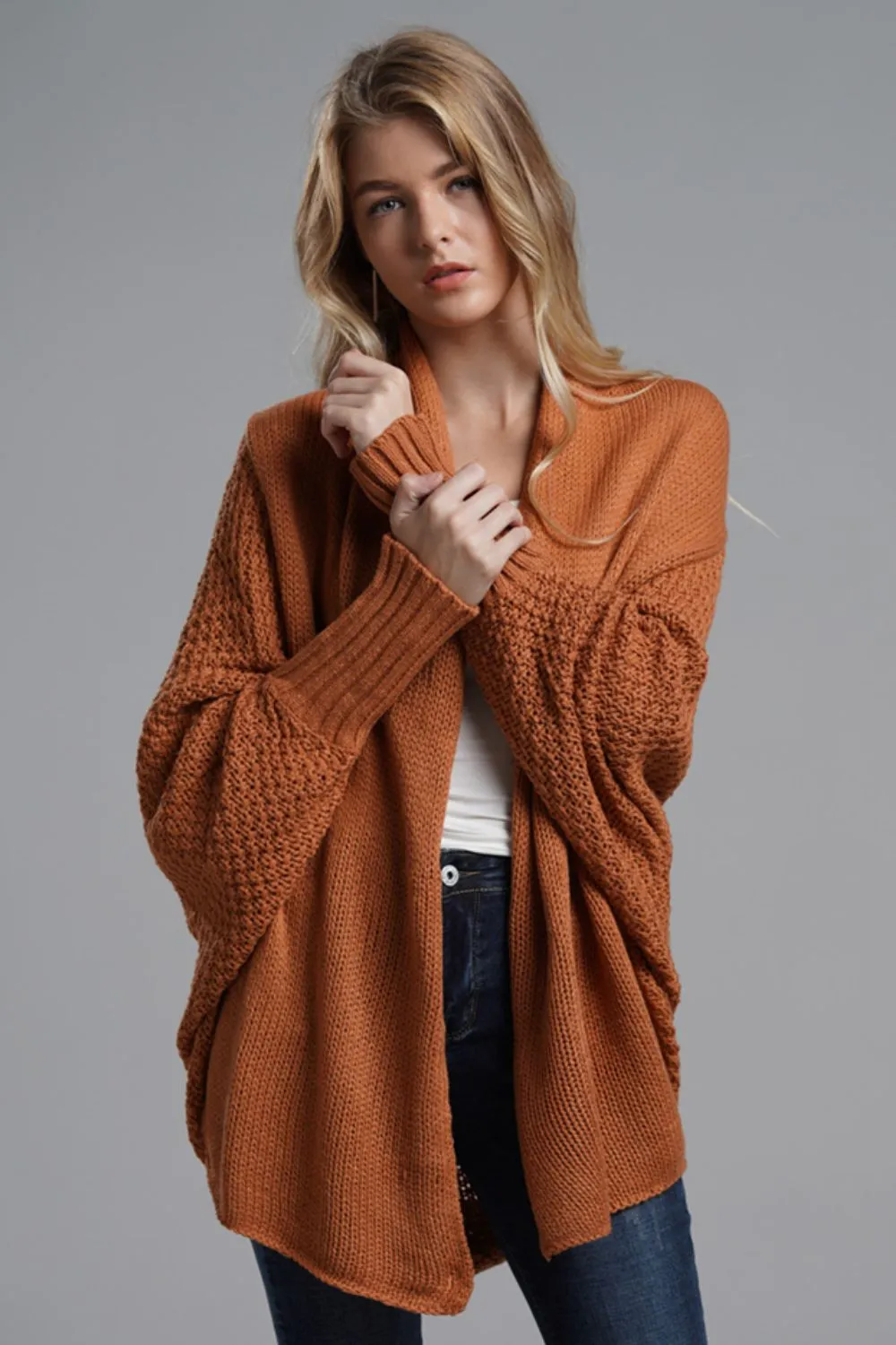 TastyHottie - Double Take Dolman Sleeve Open Front Ribbed Trim Longline Cardigan