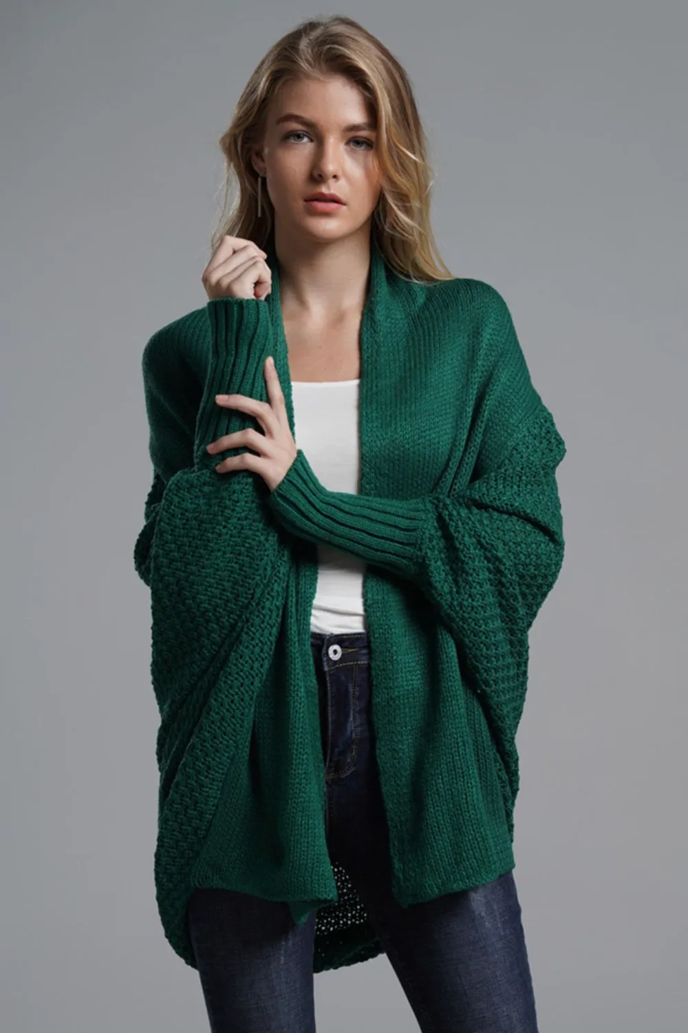 TastyHottie - Double Take Dolman Sleeve Open Front Ribbed Trim Longline Cardigan