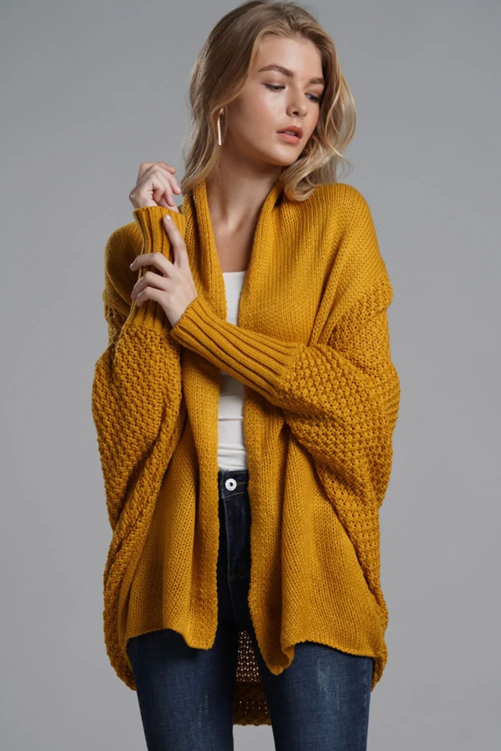 TastyHottie - Double Take Dolman Sleeve Open Front Ribbed Trim Longline Cardigan