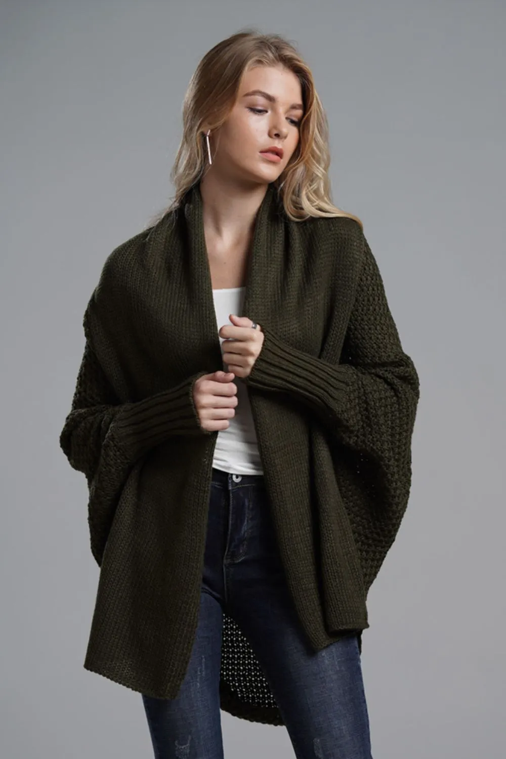 TastyHottie - Double Take Dolman Sleeve Open Front Ribbed Trim Longline Cardigan