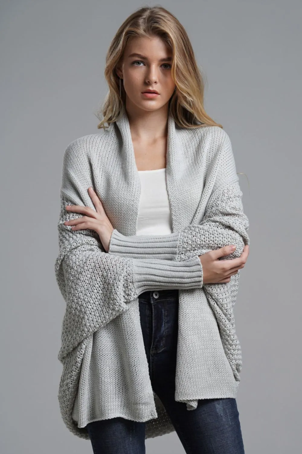 TastyHottie - Double Take Dolman Sleeve Open Front Ribbed Trim Longline Cardigan
