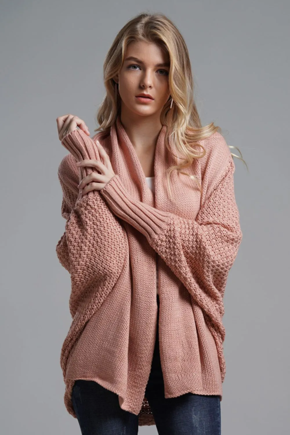 TastyHottie - Double Take Dolman Sleeve Open Front Ribbed Trim Longline Cardigan