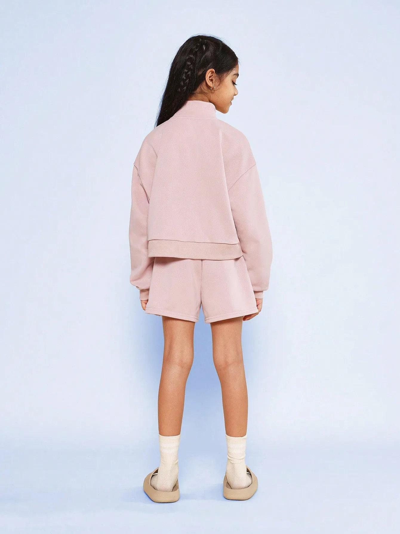 Tween Girls Funnel Neck Half Zip Essential Sweatshirt And Short With Hear Embroidered Design