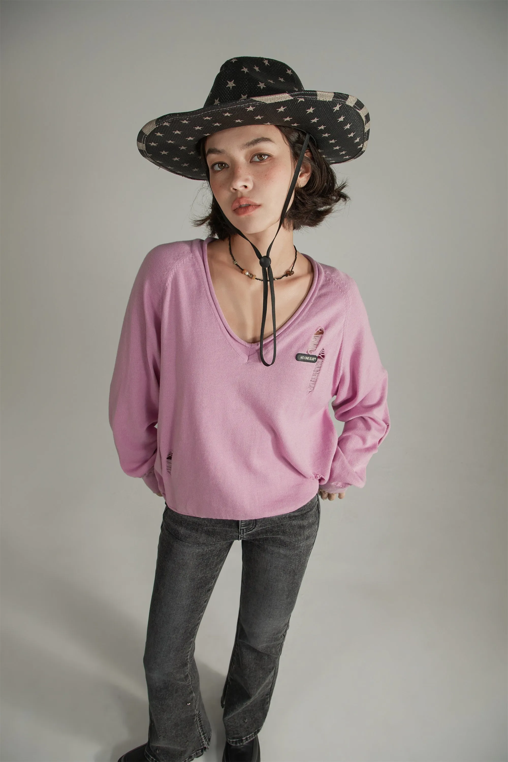 V-Neck Loose Fit Knit Distressed Sweater