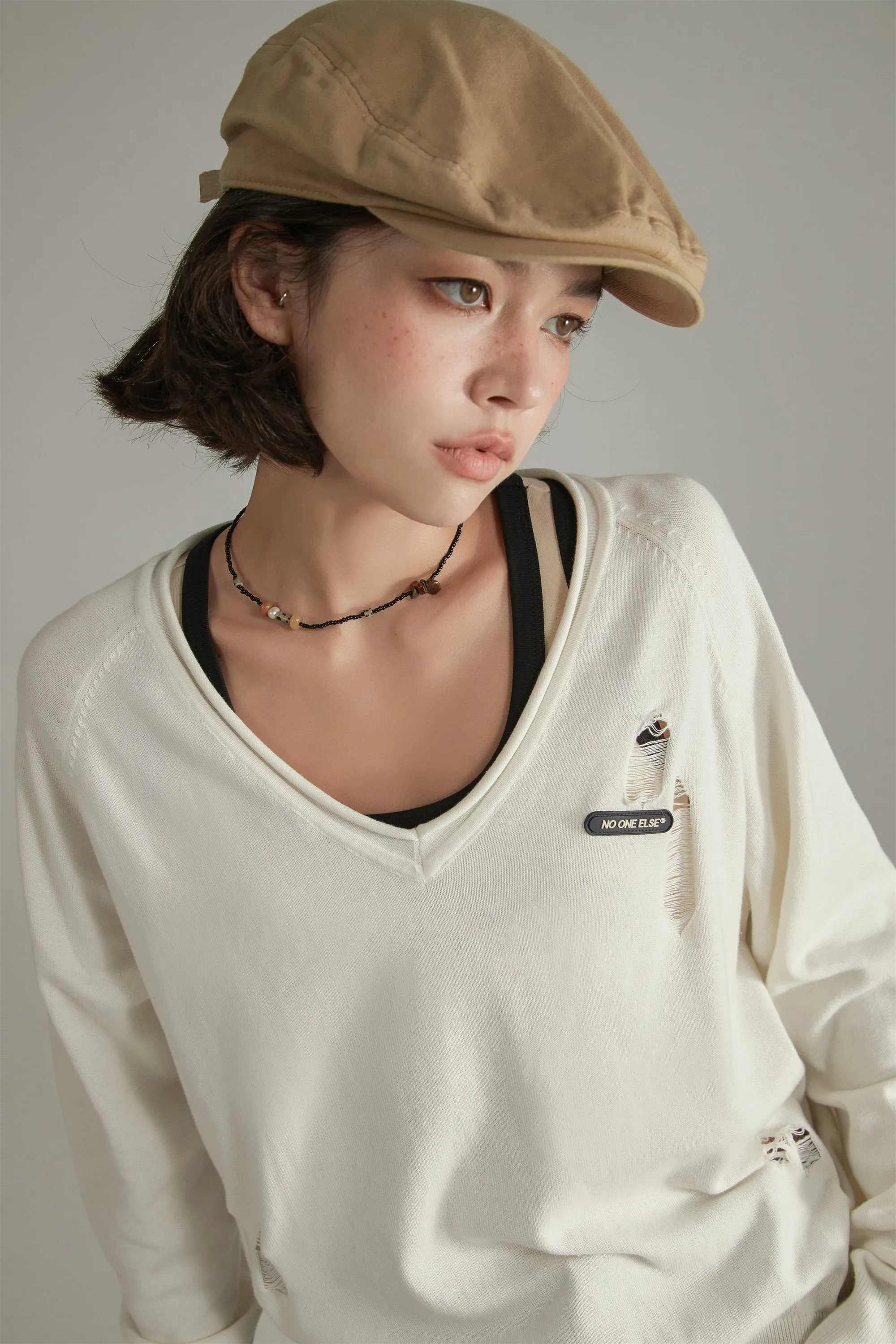 V-Neck Loose Fit Knit Distressed Sweater