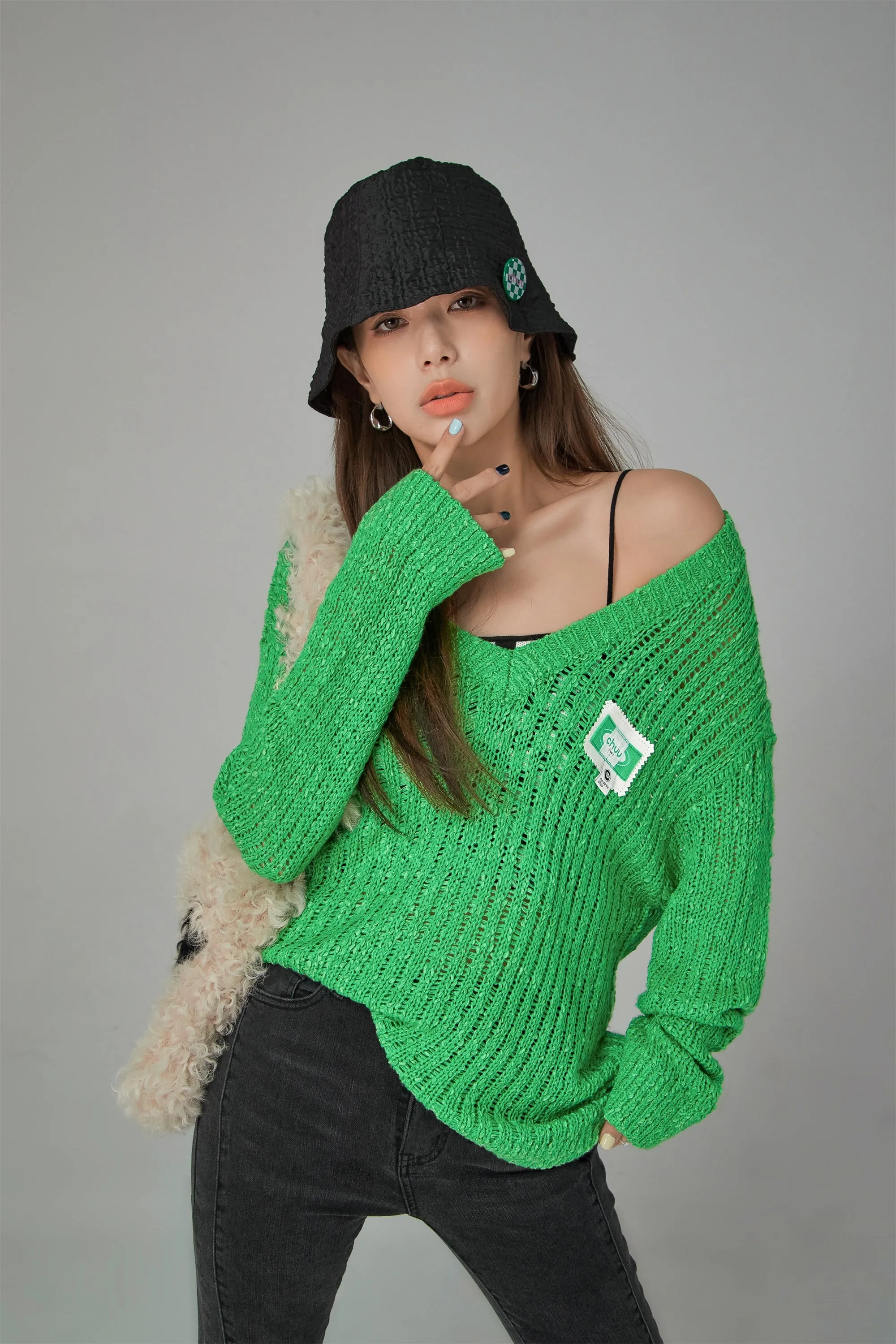V-Neck See-Through Crochet Sweater