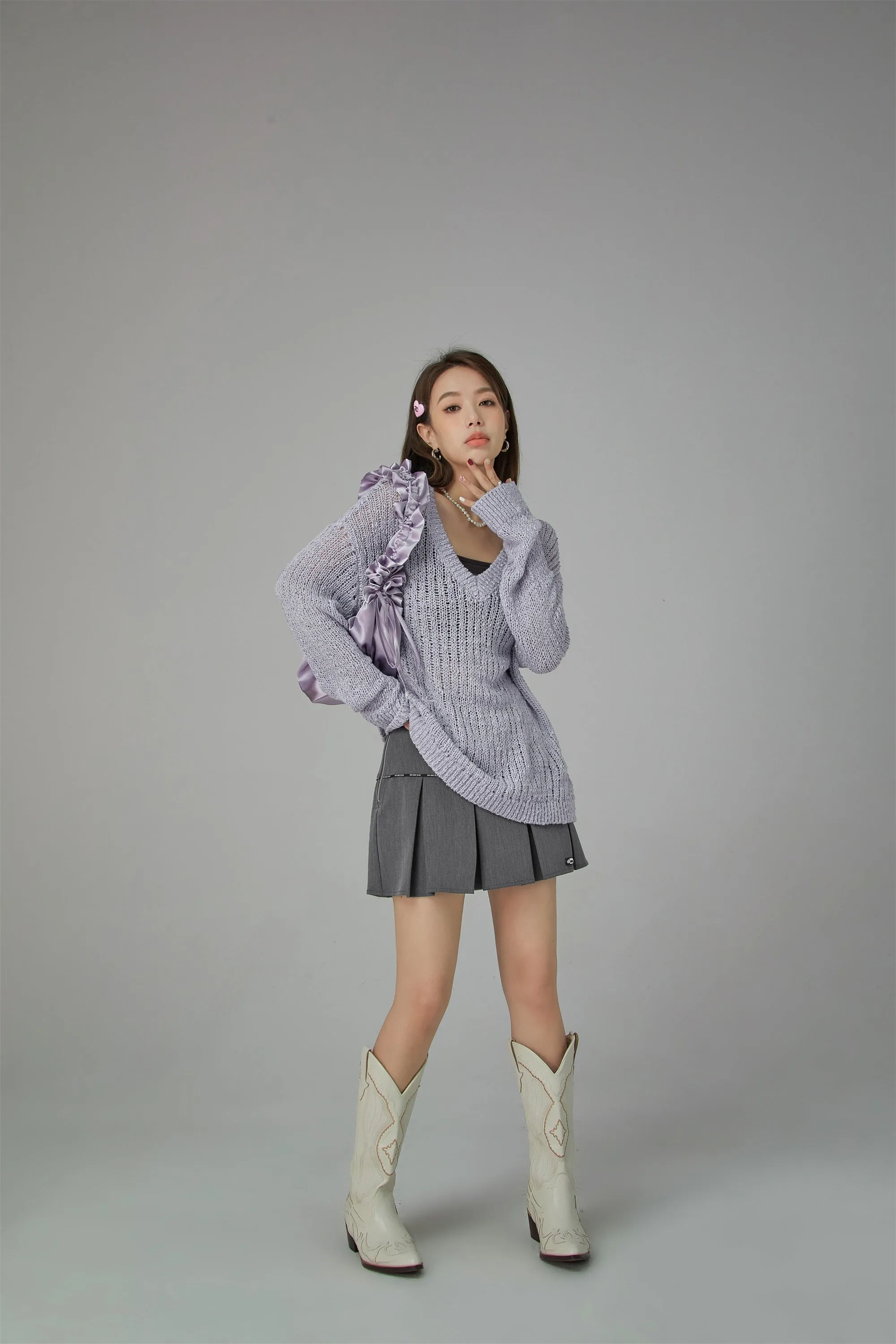 V-Neck See-Through Crochet Sweater