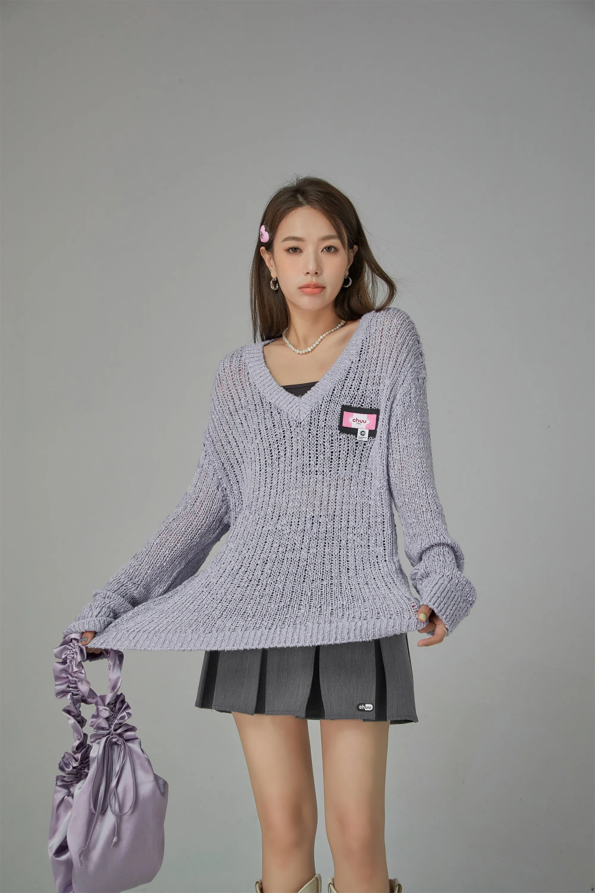 V-Neck See-Through Crochet Sweater