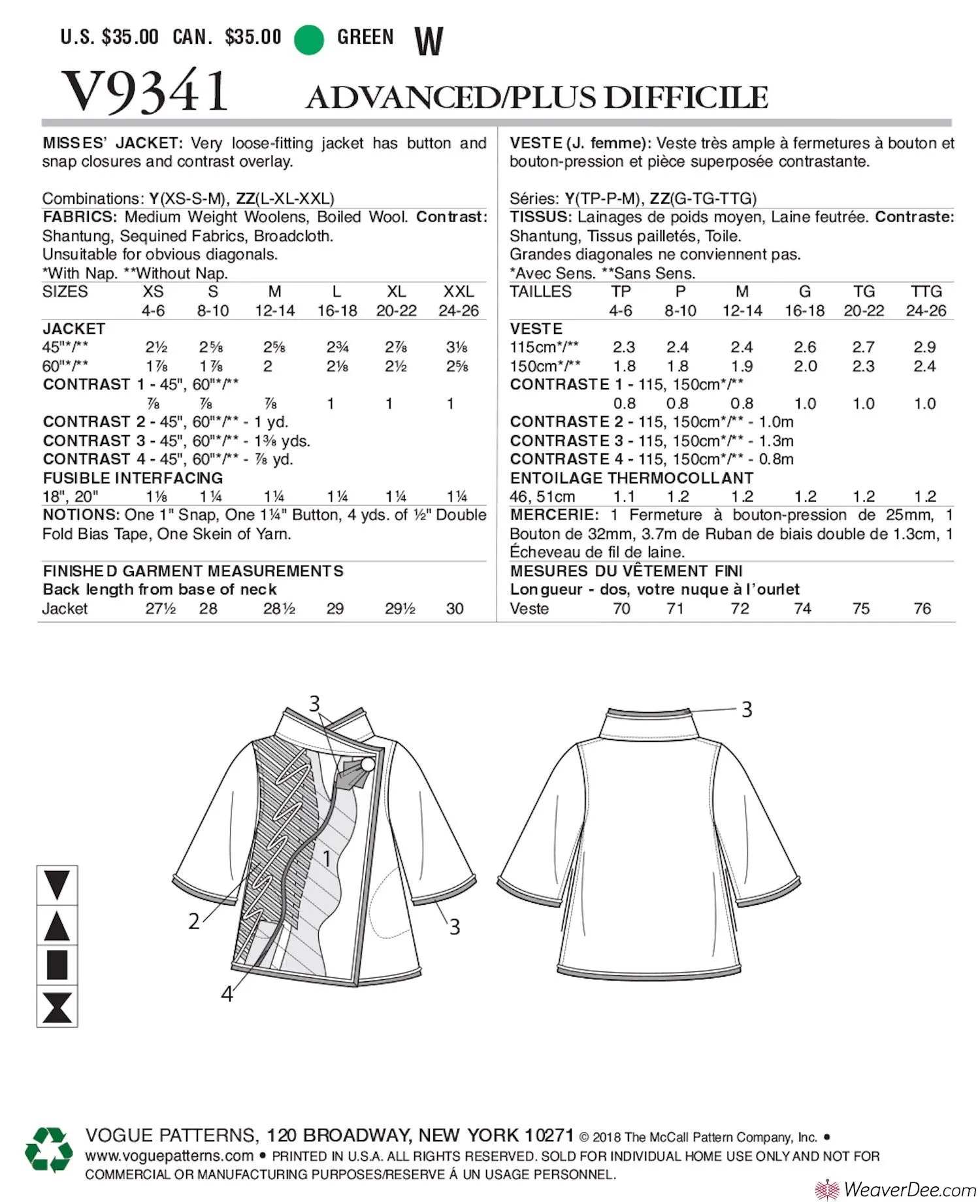 Vogue Pattern V9341 Misses' Jacket